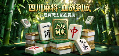 四川麻将游戏封面，翡翠绿竹林背景配合四川特色麻将牌，体现血战到底的独特风格